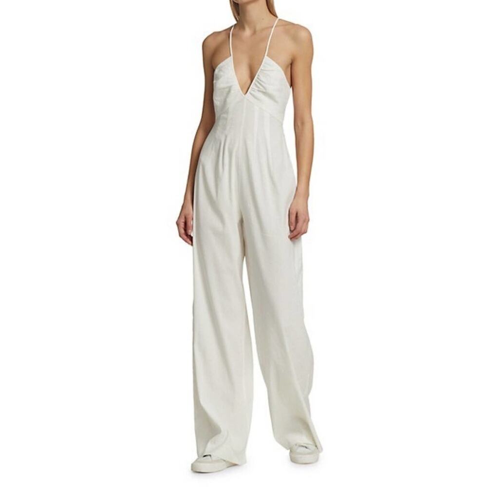 Rag & Bone white Mimi Plunging Wide-Leg linen Jumpsuit